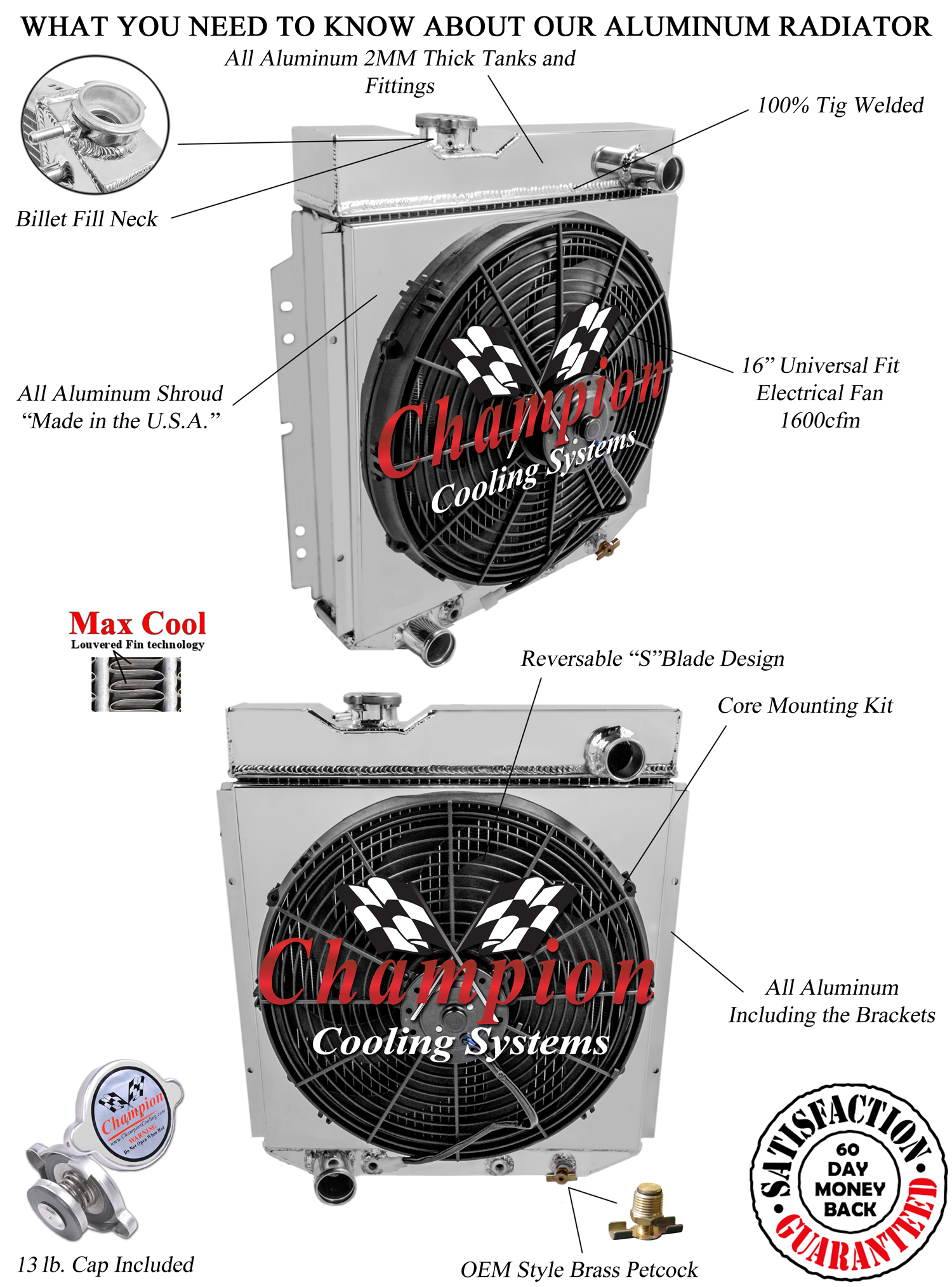 1965 1966 Ford Mustang 3 Row Champion Alum Radiator Fan Shroud Combo